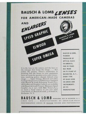 Print Ad Bausch & Lomb Lenses Cameras Enlargers Elwood Super Omega 1941 AD